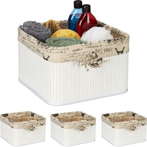 Set of 4 Storage Baskets, Bamboo & Polyester, 20 x 31 x 31 cm, with Handle Hole, Fabric Lining, White/Cream - Relaxdays