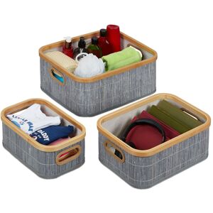 Storage Basket Set of 3, Bathroom Storage in 3 Sizes, Handles, Bamboo & Polyester, Decorative, Stackable, Grey - Relaxdays