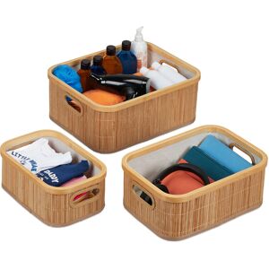 Relaxdays - Storage Basket Set of 3, Bathroom Storage in 3 Sizes, with Handles, Bamboo & Polyester, Stackable, Natural