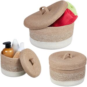 Storage Box, Set of 3, Made of Jute, Round Basket with Lid, Bathroom Organiser, 3 Different Sizes, Brown/White - Relaxdays