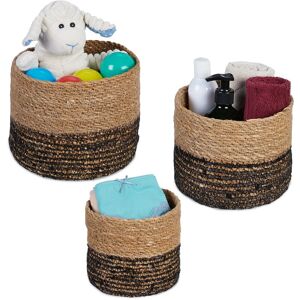 Storage Basket, Set of 3, Seagrass, 3 Sizes, Bathroom & Living Room, Decoration, Round Boxes, Natural/Black - Relaxdays