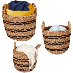 Relaxdays - Storage Basket, Set of 3, in 3 Sizes, Bathroom & Nursery Storage Boxes, with Handles, Seagrass, Natural/Black