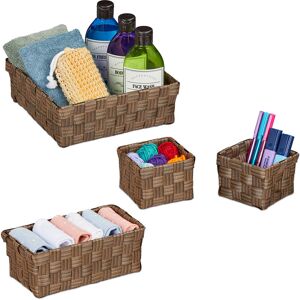 Relaxdays Storage Basket, Set of 4, Basket in 3 Sizes, Woven, Plastic, Metal Frame, Bathroom Baskets, Storage Box, Brown