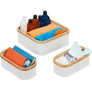 Storage Basket x3, Bathroom Storage in 2 Sizes, Bamboo & Polyester, Decorative, Stackable, Natural - Relaxdays