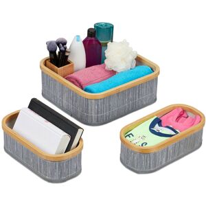 Storage Basket x3, Bathroom Storage in 2 Sizes, Bamboo & Polyester, Decorative, Stackable, Natural - Relaxdays