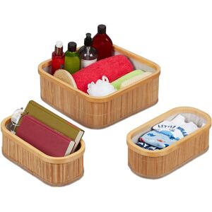 Storage Basket x3, Bathroom Storage in 2 Sizes, Bamboo & Polyester, Decorative, Stackable, Natural - Relaxdays