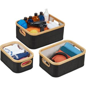 Relaxdays - Storage Basket x3, Bathroom Storage in 3 Sizes, with Handles, Bamboo & Polyester, Decorative, Stackable, Black