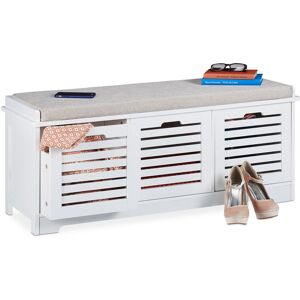 Storage Bench, 3 Drawers, Soft Seat Cushion, Hallway Furniture, Shoe Storage Baskets, HxWxD 44x105x35cm, White - Relaxdays