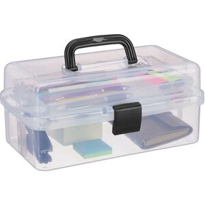 Relaxdays Storage Box with 9 Compartments, Sorting for Craft & Art Supplies, Sewing Kit, 14.5 x 33 x 19 cm, Clear/Black