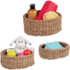 Relaxdays Storage Box, Seagrass, Set of 3, Baskets in 3 Sizes, Bathroom & Nursery Storage, Oval Woven Baskets, Natural