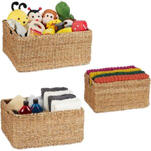 Storage Box, Seagrass, Set of 3, Baskets in 3 Sizes, Bathroom & Nursery Storage, Rectangular Baskets, Natural - Relaxdays