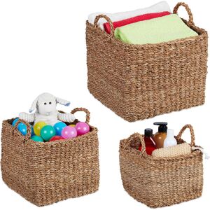 Storage Box, Seagrass, Set of 3, Baskets in 3 Sizes, Bathroom & Nursery Storage, Square Woven Baskets, Natural - Relaxdays