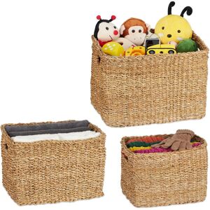 Storage Box, Seagrass, Set of 3, Baskets in 3 Sizes, Bathroom & Nursery Storage, Square Woven Baskets, Natural - Relaxdays