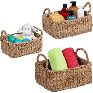 Storage Box, Seagrass, Set of 3, Baskets in 3 Sizes, Bathroom & Nursery Storage, Square Woven Baskets, Natural - Relaxdays