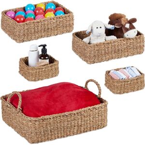 Relaxdays Storage Box, Seagrass, Set of 5, Baskets in Various Sizes, Bathroom & Nursery Storage, Woven Trays, Natural