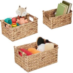 Storage Box, Water Hyacinth, Set of 3, Baskets in 3 Sizes, Bathroom & Nursery Storage, Square Baskets, Natural - Relaxdays