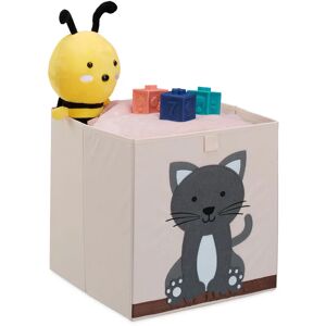 Toy Box, Children, Cat Symbol, HxWxD: 33 x 33 x 33 cm, Clothes, Tidy, Foldup, Storage, Play, Chest, Beige/Grey - Relaxdays