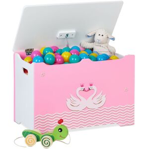 Toy Chest for Children's Room, Swan Motif, Storage Box with Lid, hwd: 40 x 60 x 34 cm, mdf, Pink/white - Relaxdays