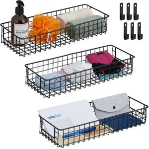 Wire Basket Set of 3, with Wall Brackets, Storage Rack, HxWxD: 7.5 x 41 x 16 cm, Metal, All-Purpose, Black - Relaxdays