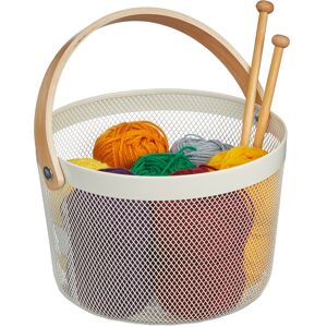 Wire Storage Basket with Handle, Round, Metal & Wood, for Utensils in Kitchen, Bathroom, Living Room, White - Relaxdays