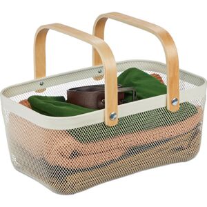 Wire Storage Basket with Handles, Square, Metal & Wood, for Various Utensils, hwd: 17.5 x 43 x 27cm, White - Relaxdays