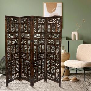 Topfurnishing - 4 Panel Heavy Duty Carved Indian Screen Wooden Screen Room Divider Circle Mesh 183x50cm per panel, wide open 202cm [Dark Brown]