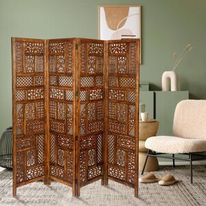 TOPFURNISHING 4 Panel Heavy Duty Carved Indian Screen Wooden Screen Room Divider Circle Mesh 183x50cm per panel, wide open 202cm [Light Brown]