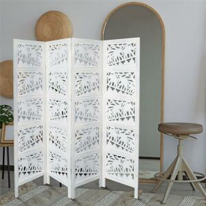 Topfurnishing - 4 Panel Heavy Duty Carved Indian Screen Wooden Elephant Screen Room Divider 183x50cm per panel, wide open 203cm [White]