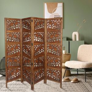 Topfurnishing - 4 Panel Heavy Duty Carved Indian Screen Wooden Elephant Screen Room Divider 183x50cm per panel, wide open 203cm [Light Brown]