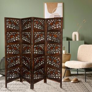 Topfurnishing - 4 Panel Heavy Duty Carved Indian Screen Wooden Elephant Screen Room Divider 183x50cm per panel, wide open 203cm (Dark Brown)