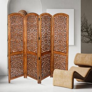 Topfurnishing - 4 Panel Heavy Duty Carved Indian Screen Wooden Screen Divider Kashmiri Mesh 177cm x 44.5cm per panel, wide open 183cm (Light Brown)