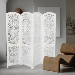 TOPFURNISHING 4 Panel Heavy Duty Carved Indian Screen Wooden Screen Divider Kashmiri Mesh 177cm x 44.5cm per panel, wide open 183cm [White]