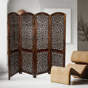 Topfurnishing - 4 Panel Heavy Duty Carved Indian Screen Wooden Screen Divider Kashmiri Mesh 177cm x 44.5cm per panel, wide open 183cm [Dark Brown]