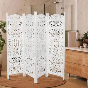 TOPFURNISHING 4 Panel Heavy Duty Carved Indian Screen Wooden Leaves Design Screen Room Divider 183x50cm per panel, wide open 202cm [Antique White]