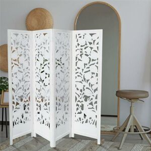 Topfurnishing - 4 Panel Hand Carved Indian Stag Deer Screen Wooden Screen Room Divider 176x46 cm per panel, wide open 184cm [White]