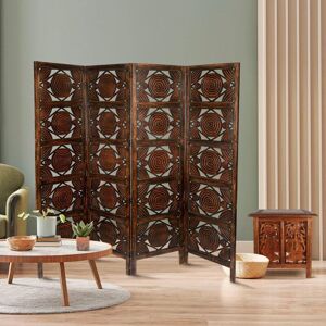 Topfurnishing - 4 Panel Heavy Duty Carved Indian Screen Wooden Swirl Design Screen Room Divider 183x50cm per panel, wide open 202cm [Dark Brown]