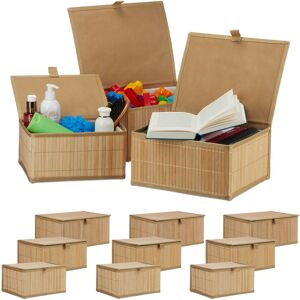 4 Sets of 3 Bamboo Storage Baskets with Lid, Decorative Organiser, Dust-free & Moisture-resistant, Natural - Relaxdays