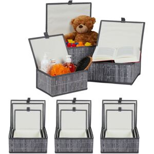 4 Sets of 3 Bamboo Storage Baskets with Lid, Decorative Organiser, Dust-free & Moisture-resistant, Grey - Relaxdays