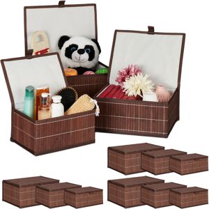 Set of 12 Bamboo Storage Baskets, Boxes with Lid, Container, Decorative Organiser for Toys, 3 Sizes, Brown - Relaxdays