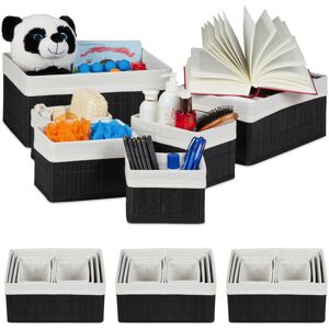 4x Sets of 6 Bamboo Storage Baskets, Various Sizes, Shelves Organiser, Fabric Cover, Square, Decorative, Black - Relaxdays