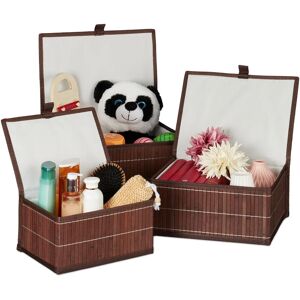 Relaxdays - Set of 3 Bamboo Storage Baskets, Boxes with Lid, Container, Decorative Organiser for Toys, 3 Sizes, Brown