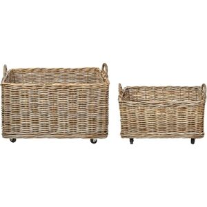 BELIANI Set of 2 Rattan Baskets Wooden Frame Plastic Rubber Wheels Handles Handmade Boho Style Natural Kitim - Natural