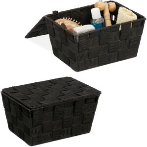 Set of 2 Relaxdays Lidded Storage Baskets with Lid, Bathroom Storage, pp, HxWxD: 10.5 x 19.5 x 14.5 cm, Black