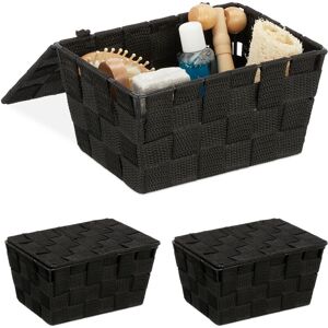 Set of 3 Relaxdays Lidded Storage Baskets with Lid, Bathroom Storage, pp, HxWxD: 10.5 x 19.5 x 14.5 cm, Black