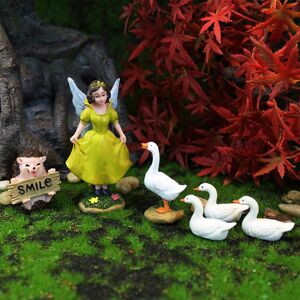 AOUGO Set of 6 fairy garden accessories, fairy garden miniatures including a fairy, a hedgehog and 4 ducks Mini figurine fairy garden decor, miniature