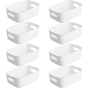 HÉLOISE Set of 8 White Plastic Storage Basket, Plastic Storage Basket, Plastic Basket with Handle for Stackable Cupboards, Kitchen, Bedroom, Bathroom,