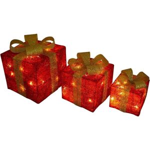 SHATCHI Christmas Parcels Pre-Lit Battery Operated LED Glitter Rattan Xmas Presents Novelty Decorations Set of 3 - Red - Red