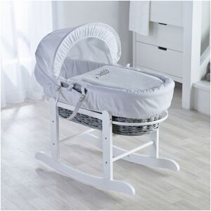 Kinder Valley - Sleepy Little Owl Grey Wicker Moses Basket with Rocking Stand Deluxe White, Quilt, Padded Liner, Body Surround & Adjustable Hood