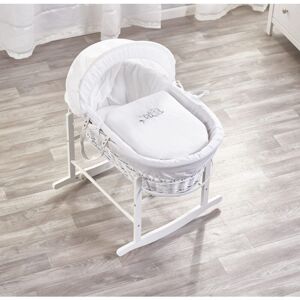 KINDER VALLEY Sleepy Little Owl White Wicker Moses Basket with Rocking Stand White with Rocking Stand White, Quilt, Padded Liner, Body Surround & Adjustable Hood