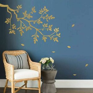 HOOPZI Wall Stickers Tree Branch Decorative Sticker Golden Leaves Wall Decoration Living Room Bedroom Kitchen